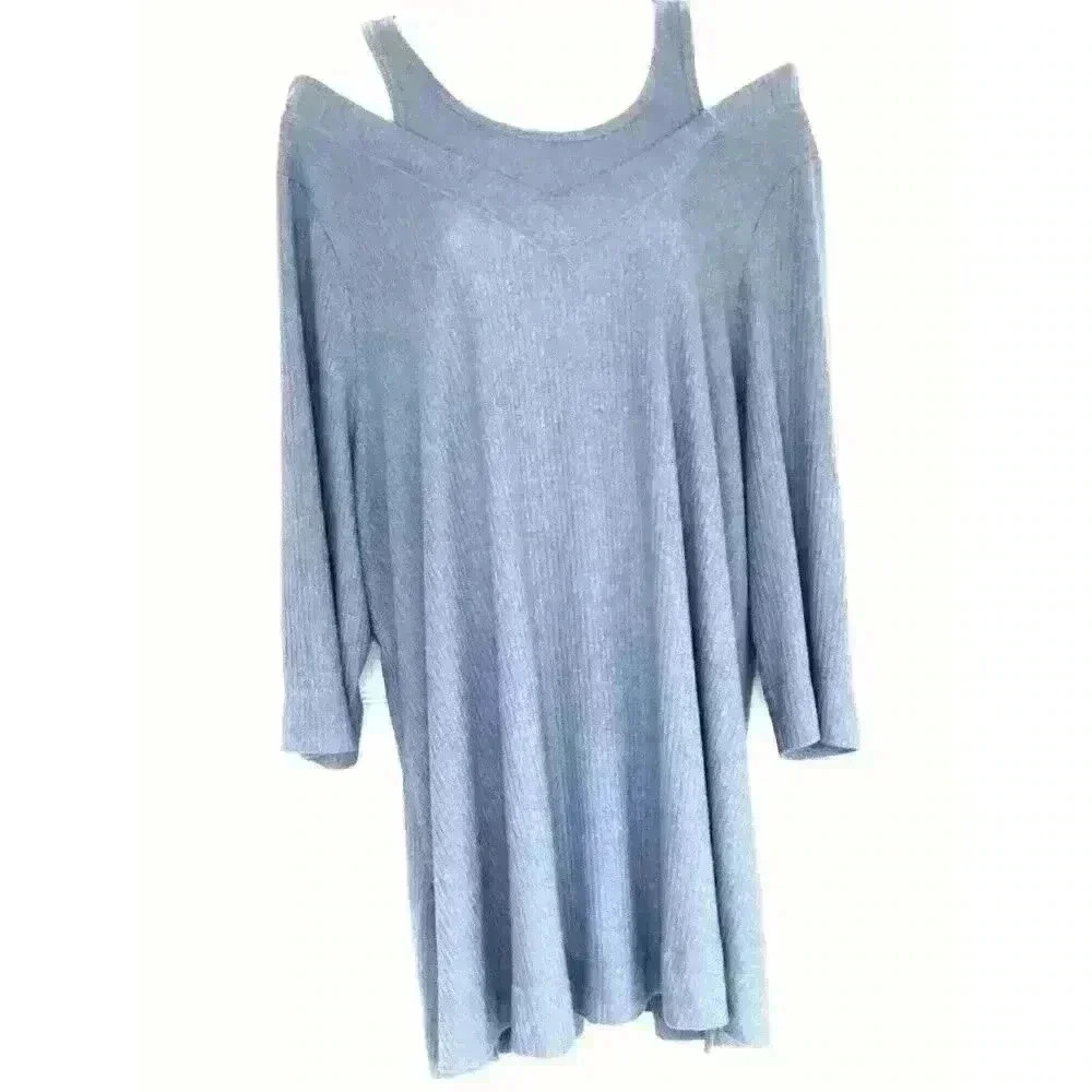 Catherines Knit Cold Shoulder Tunic 1X 3/4 sleeve stretch gray blue